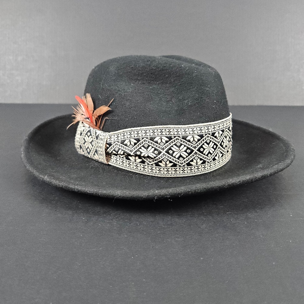 Gypsy Warrior Black Wool Fedora Hat Embellished Band Feather Detail One Size
